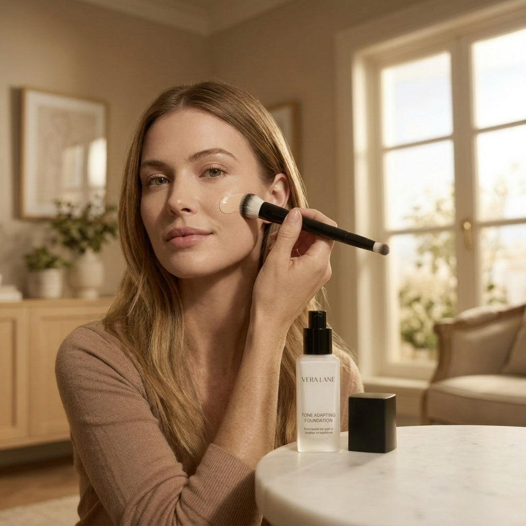 Woman in her mid-twenties applying Tone Adapting Foundation with a brush