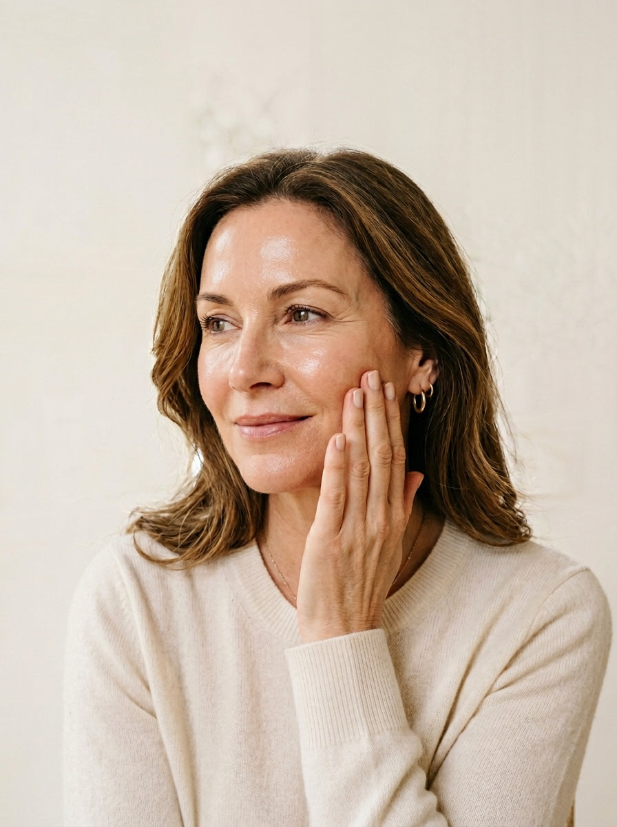 Woman gently touching her face, healthy skin texture