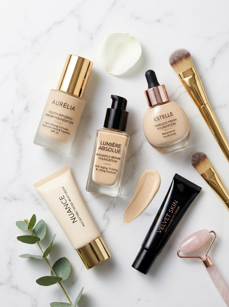 Foundation bottles with anti-aging marketing labels