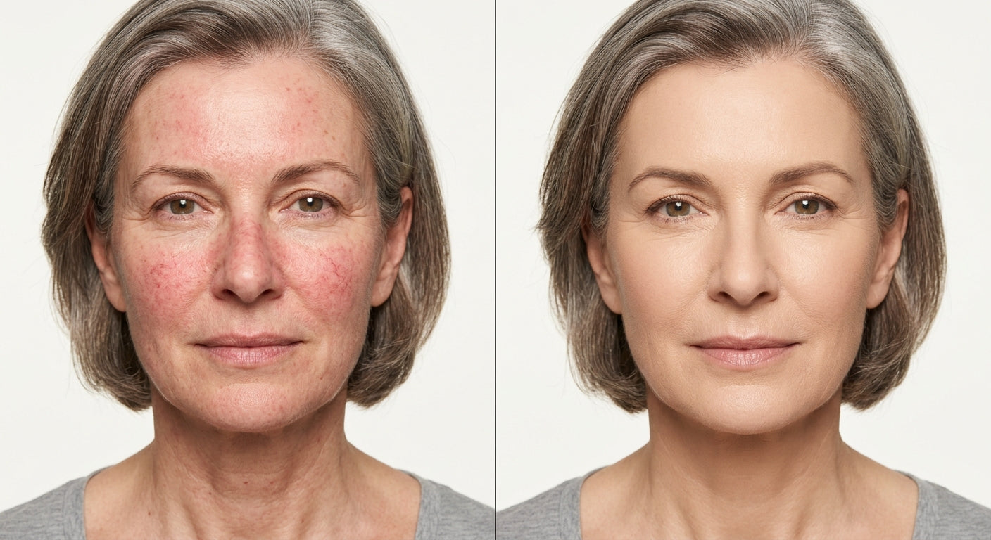 Barbara, 61 — before and after wearing Vera Lane Tone Adapting Foundation for flushing