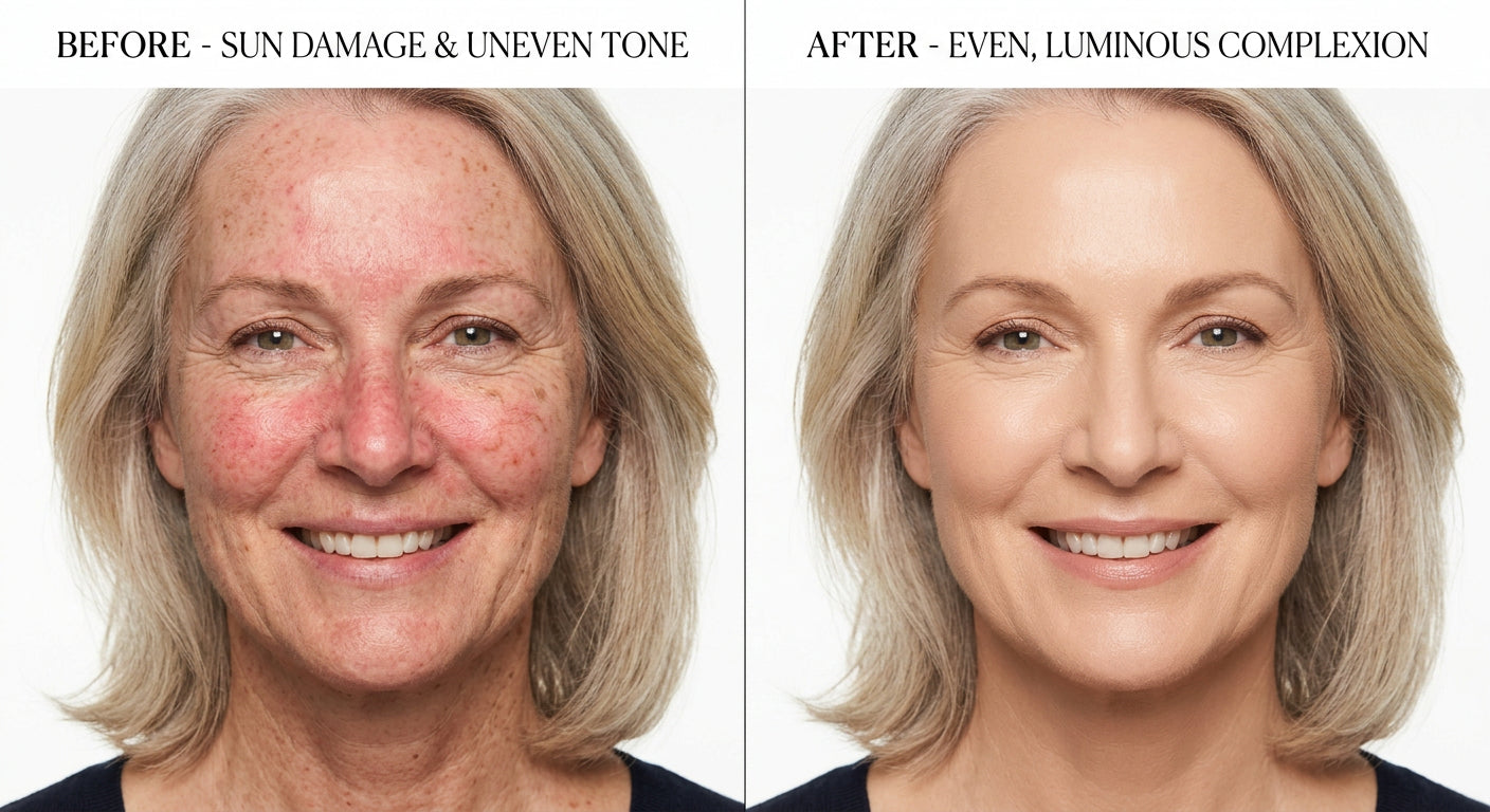 Diane, 57 — before and after wearing Vera Lane Tone Adapting Foundation for sun damage redness