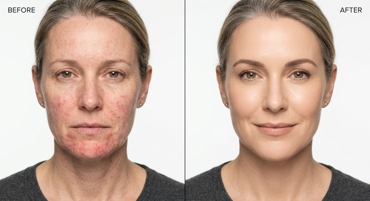 Karen, 49 — before and after wearing Vera Lane Tone Adapting Foundation for reactive skin