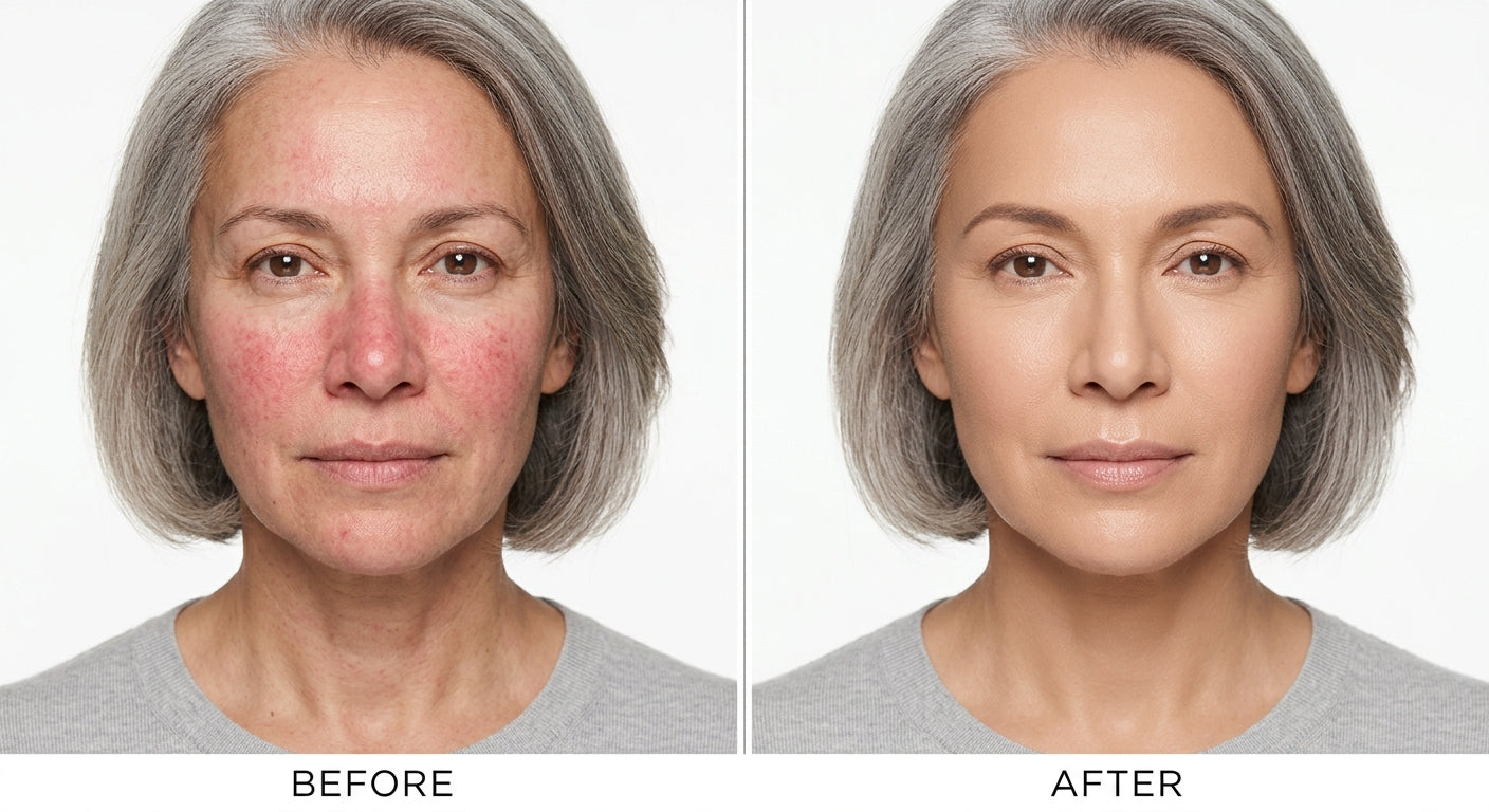 Linda, 54 — before and after wearing Vera Lane Tone Adapting Foundation for rosacea